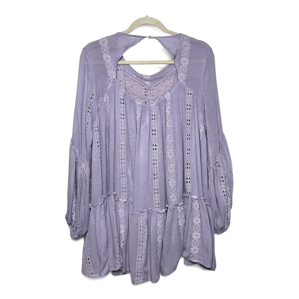 Free People Lavender Purple Embroidered Eyelet Lace Tunic Top Boho Size Small - Picture 7 of 10
